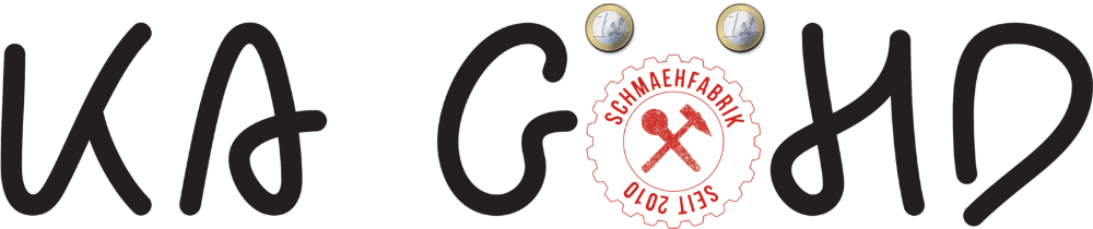 Logo "Ka Göhd": Schriftzug. Der Buchstabe 'ö' ist durch das Logo der Schmähfabrik, die beiden Punkte durch zwei Ein-Euro-Münzen ersetzt.